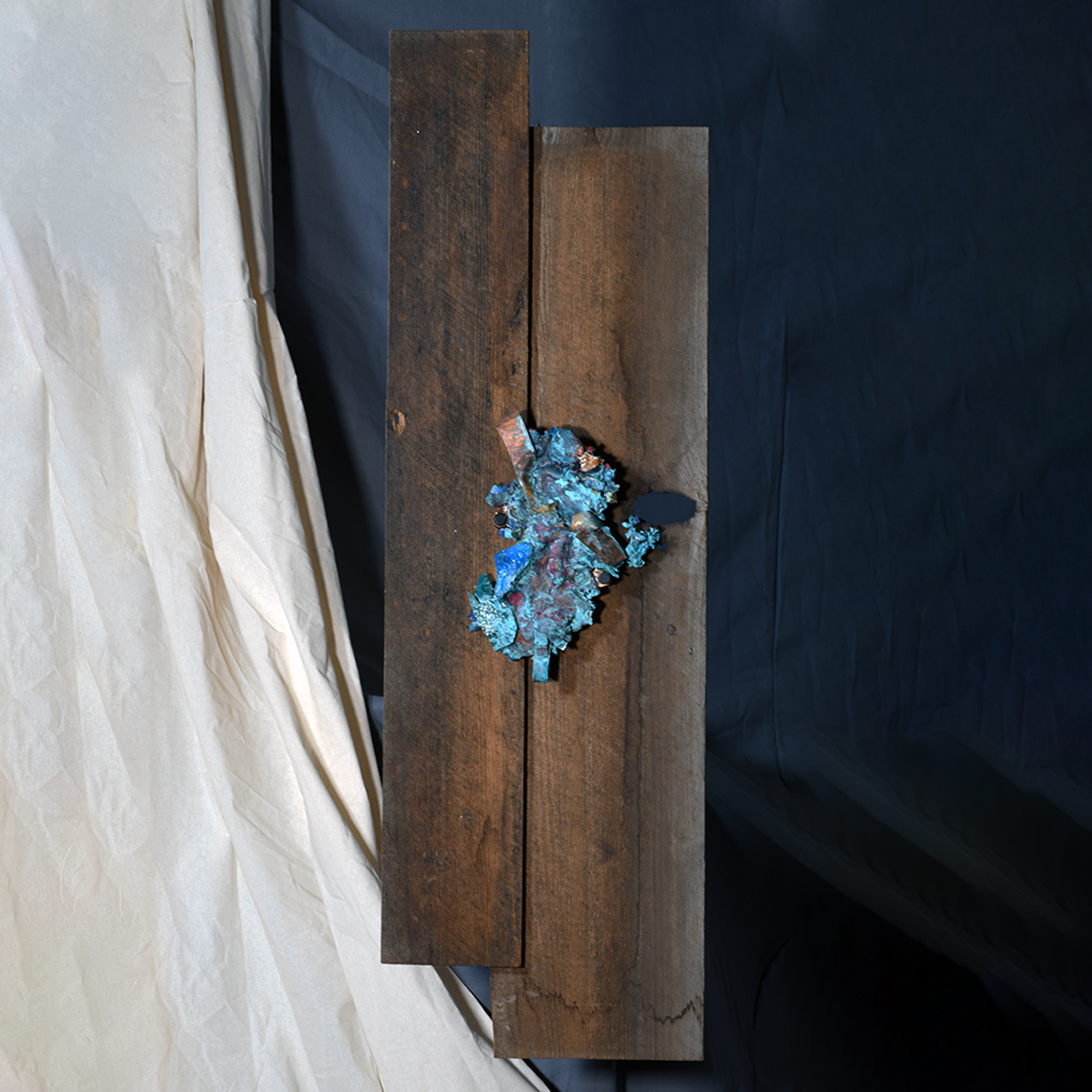 Splash Copper and Glass on Reclaimed Wood Sculpture