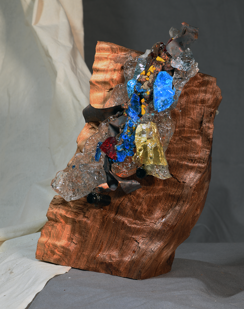 Glass Casting and Splash Copper on Redwood Sculpture